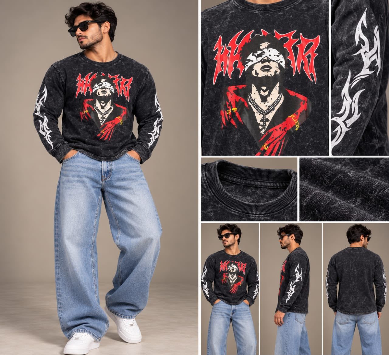 ACID WASH BOXY FULL SLEEVES T-SHIRT